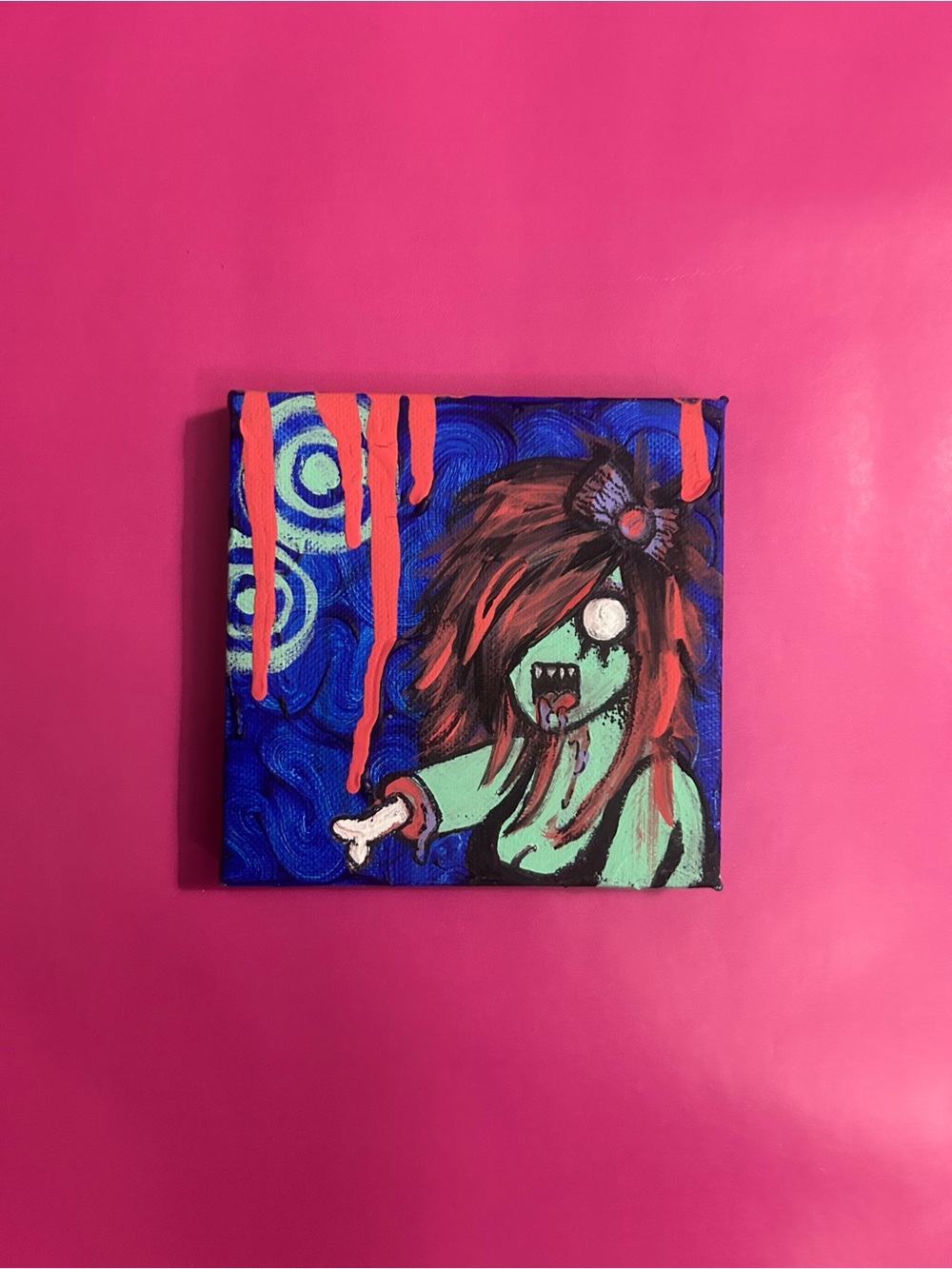 Hand-Painted Pink & Blue Zombie SCENE Girl Canvas Art